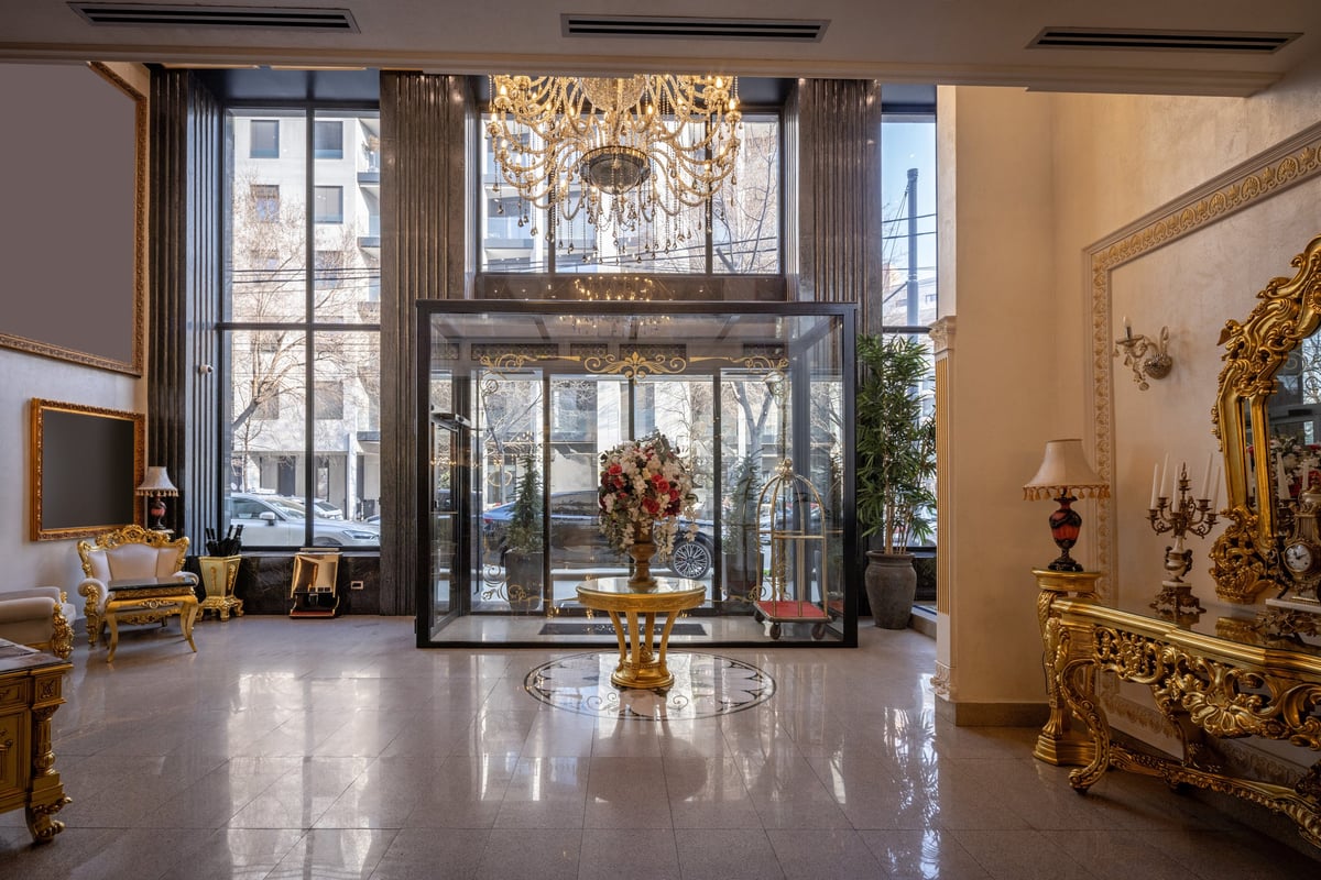 Luxury hotel lobby with crystal chandelier